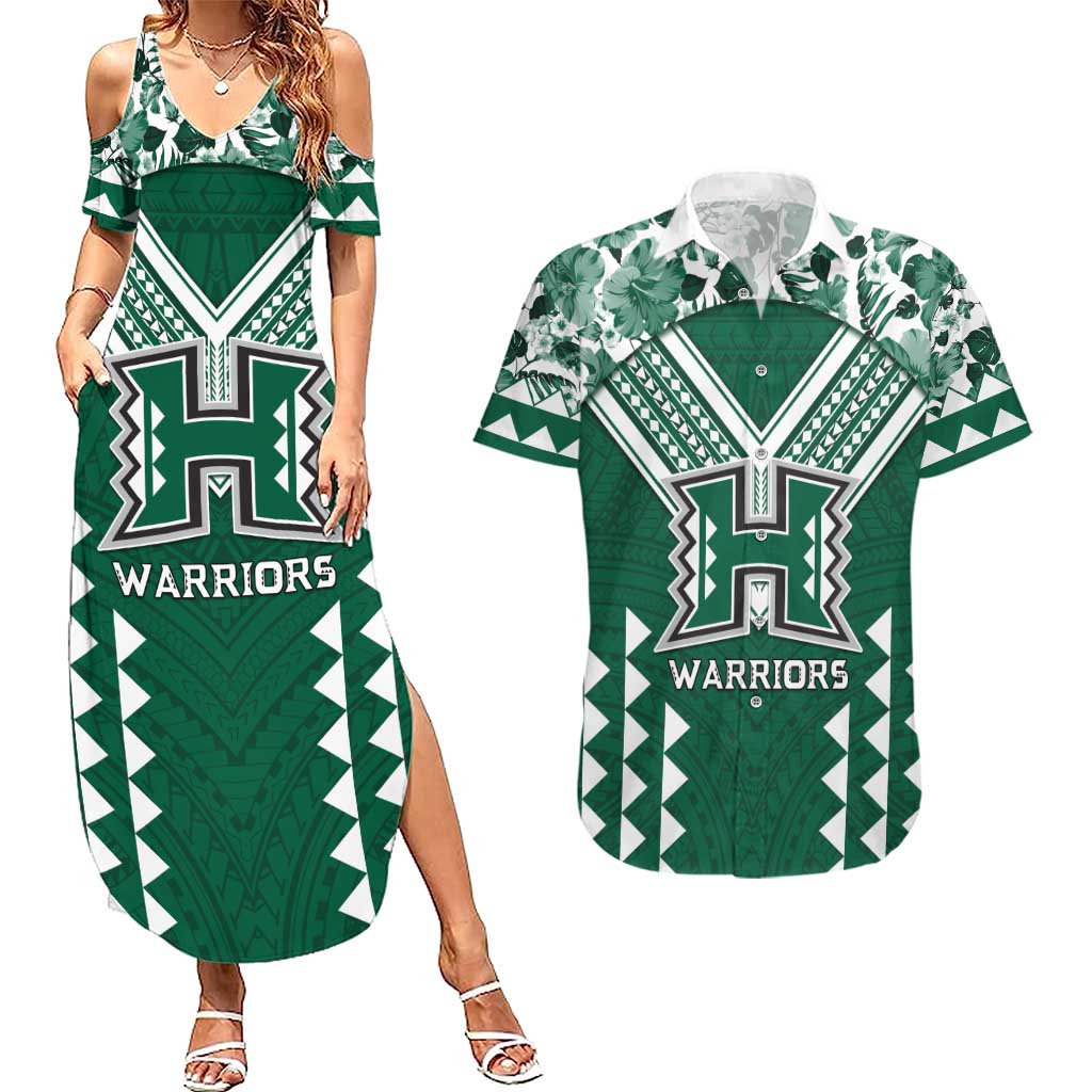 Custom Hawaii Football Couples Matching Summer Maxi Dress and Hawaiian Shirt Rainbow Warriors Tropical Vibes LT05 Green - Polynesian Pride