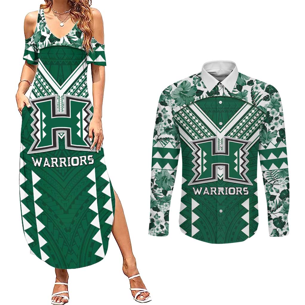 Custom Hawaii Football Couples Matching Summer Maxi Dress and Long Sleeve Button Shirt Rainbow Warriors Tropical Vibes - Polynesian Pride