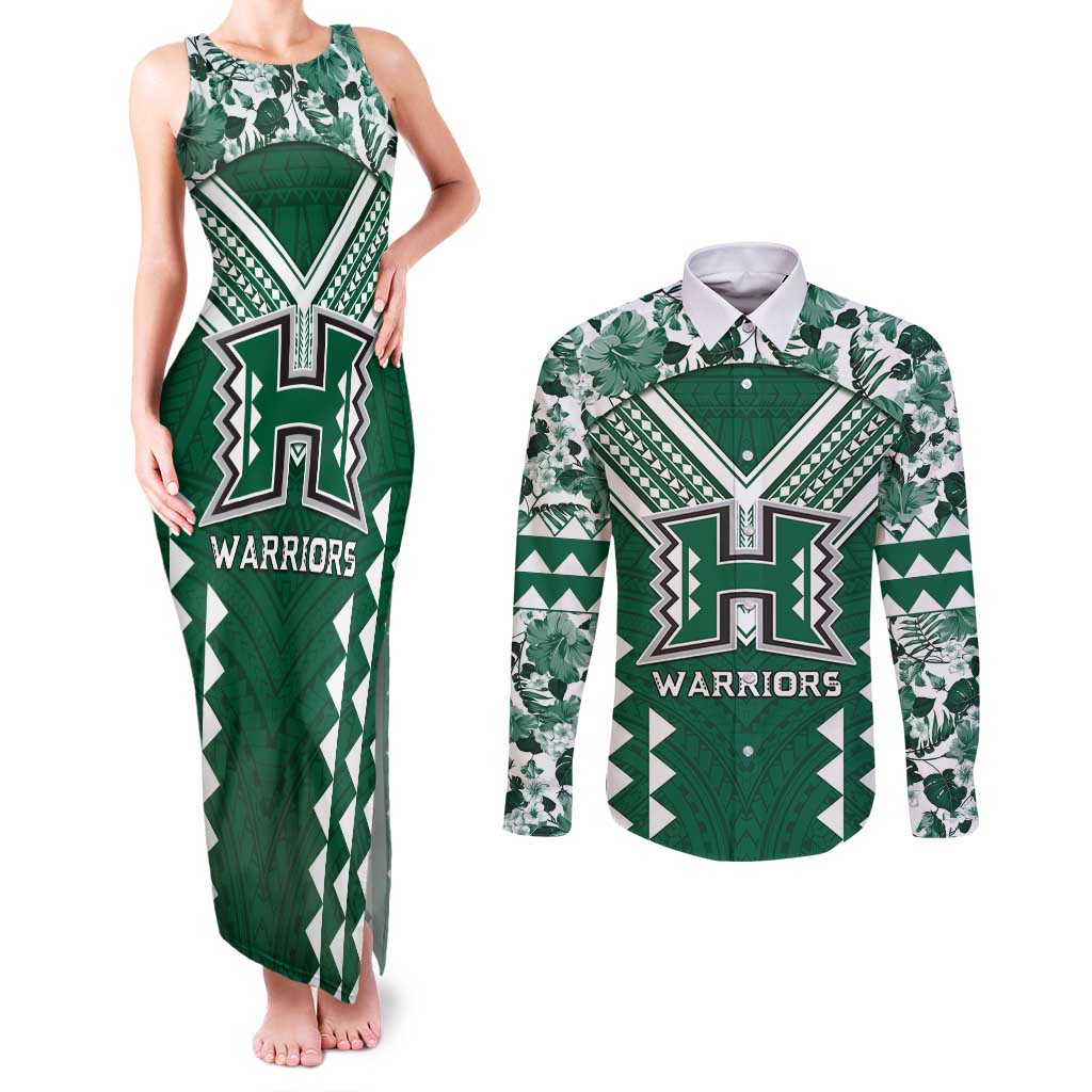 Custom Hawaii Football Couples Matching Tank Maxi Dress and Long Sleeve Button Shirt Rainbow Warriors Tropical Vibes LT05 Green - Polynesian Pride