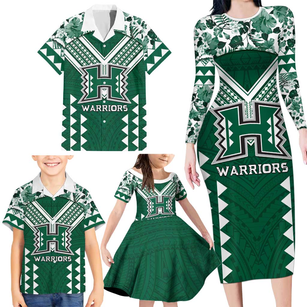 Custom Hawaii Football Family Matching Long Sleeve Bodycon Dress and Hawaiian Shirt Rainbow Warriors Tropical Vibes - Polynesian Pride