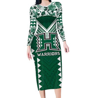 Custom Hawaii Football Family Matching Long Sleeve Bodycon Dress and Hawaiian Shirt Rainbow Warriors Tropical Vibes LT05 Mom's Dress Green - Polynesian Pride