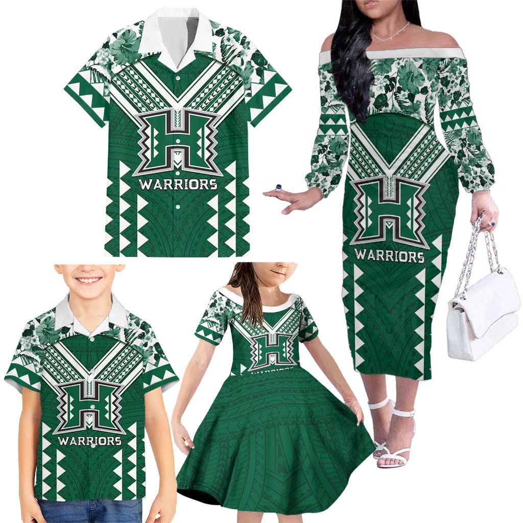Custom Hawaii Football Family Matching Off The Shoulder Long Sleeve Dress and Hawaiian Shirt Rainbow Warriors Tropical Vibes LT05 - Polynesian Pride