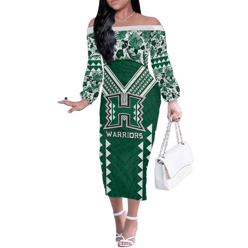 Custom Hawaii Football Family Matching Off The Shoulder Long Sleeve Dress and Hawaiian Shirt Rainbow Warriors Tropical Vibes LT05 Mom's Dress Green - Polynesian Pride