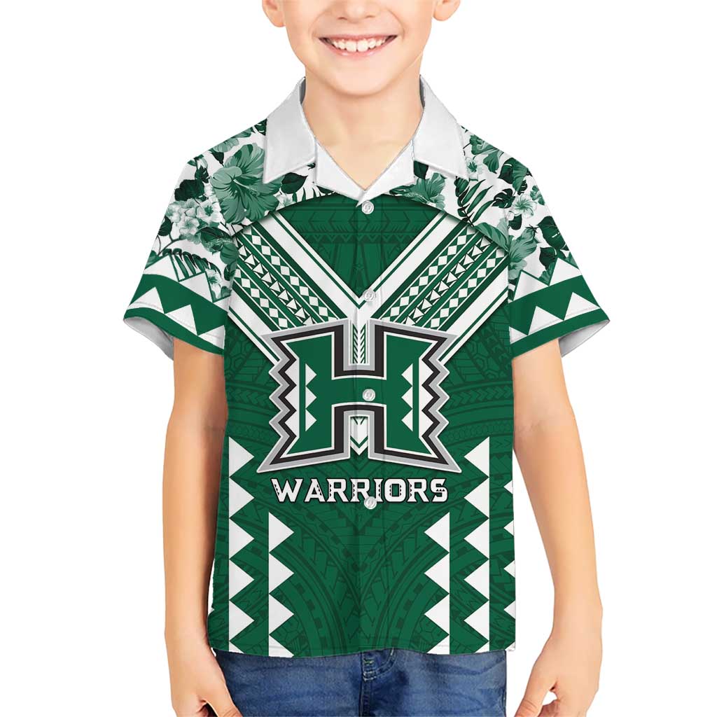 Custom Hawaii Football Family Matching Off The Shoulder Long Sleeve Dress and Hawaiian Shirt Rainbow Warriors Tropical Vibes LT05 Son's Shirt Green - Polynesian Pride