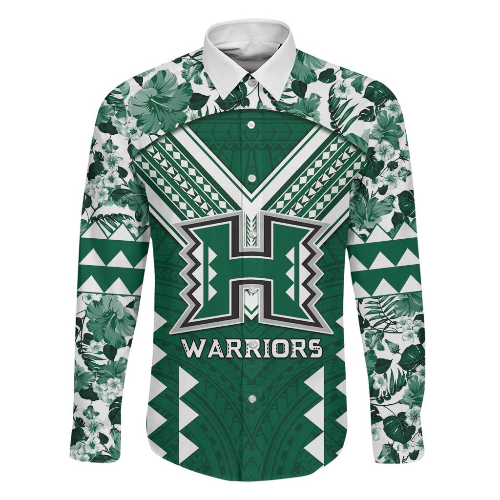 Custom Hawaii Football Family Matching Off Shoulder Short Dress and Hawaiian Shirt Rainbow Warriors Tropical Vibes LT05 Dad's Shirt - Long Sleeve Green - Polynesian Pride