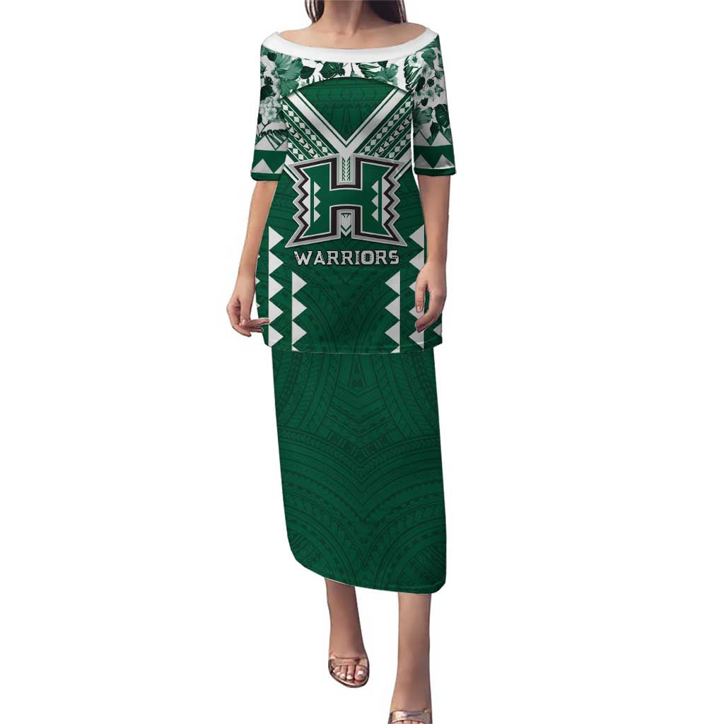 Custom Hawaii Football Family Matching Puletasi and Hawaiian Shirt Rainbow Warriors Tropical Vibes LT05 Mom's Dress Green - Polynesian Pride