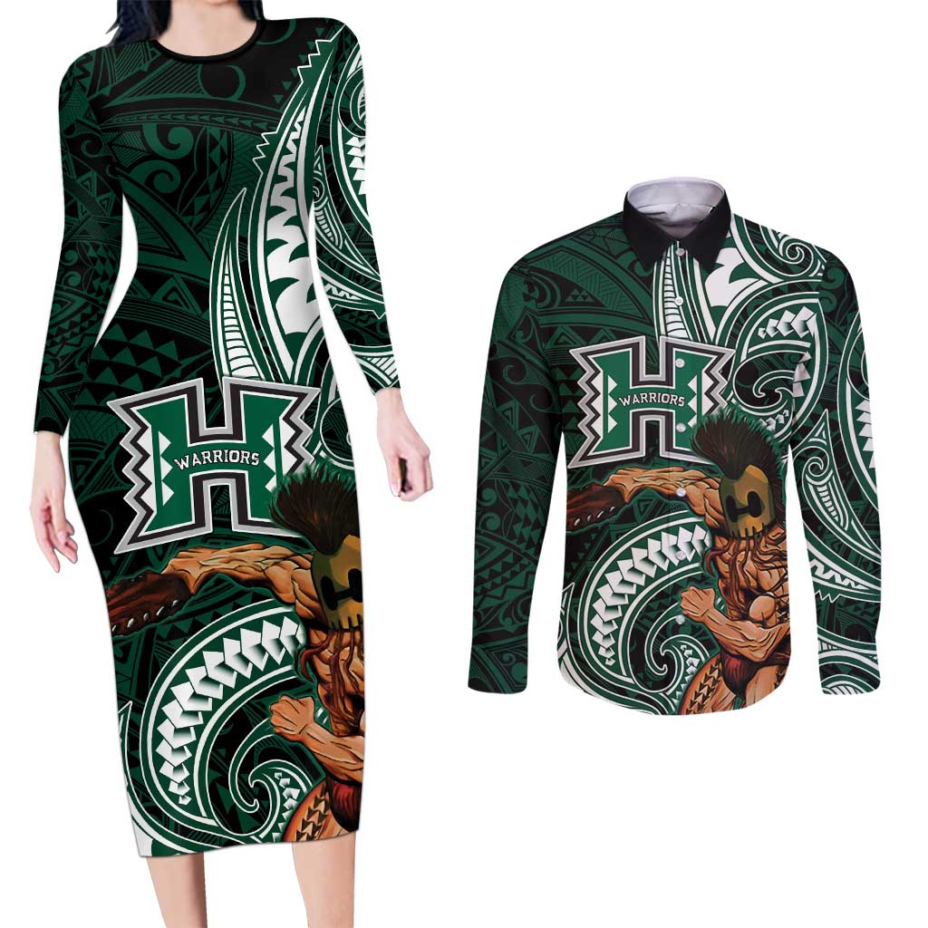 Hawaii Ikaika Warrior Football Couples Matching Long Sleeve Bodycon Dress and Long Sleeve Button Shirt Polynesian Tribal Tattoo LT05 Black - Polynesian Pride