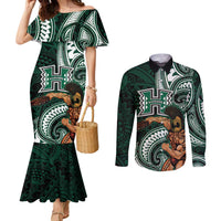 Hawaii Ikaika Warrior Football Couples Matching Mermaid Dress and Long Sleeve Button Shirt Polynesian Tribal Tattoo LT05 Black - Polynesian Pride