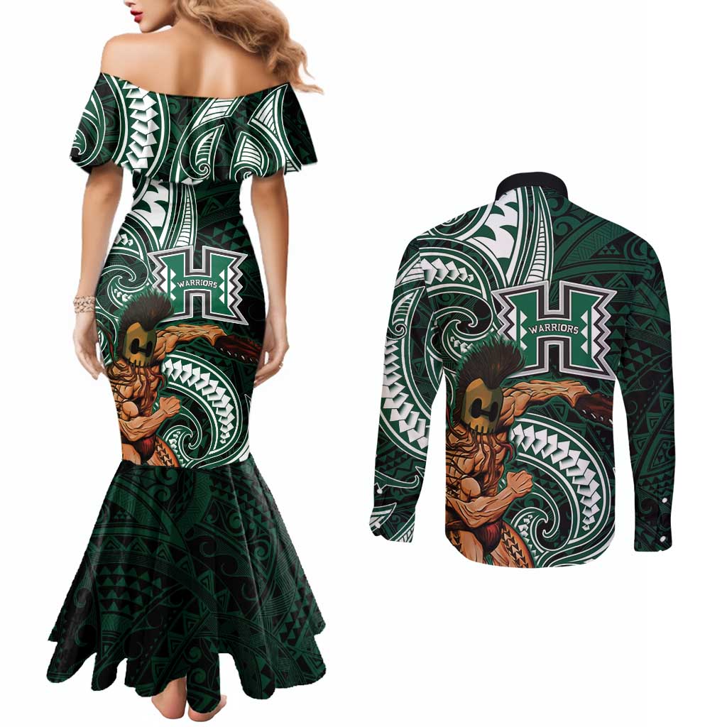 Hawaii Ikaika Warrior Football Couples Matching Mermaid Dress and Long Sleeve Button Shirt Polynesian Tribal Tattoo LT05 - Polynesian Pride