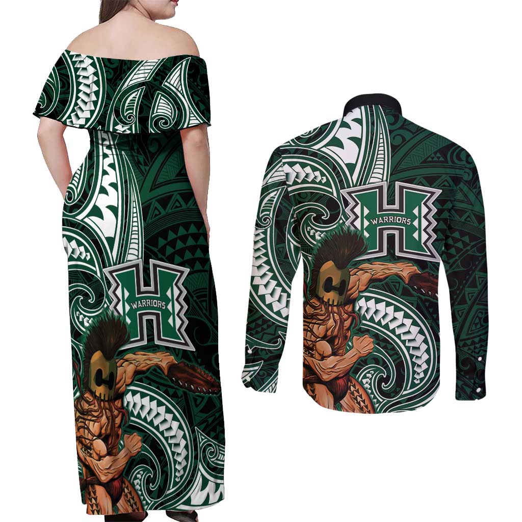 Hawaii Ikaika Warrior Football Couples Matching Off Shoulder Maxi Dress and Long Sleeve Button Shirt Polynesian Tribal Tattoo LT05 - Polynesian Pride