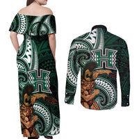Hawaii Ikaika Warrior Football Couples Matching Off Shoulder Maxi Dress and Long Sleeve Button Shirt Polynesian Tribal Tattoo LT05 - Polynesian Pride