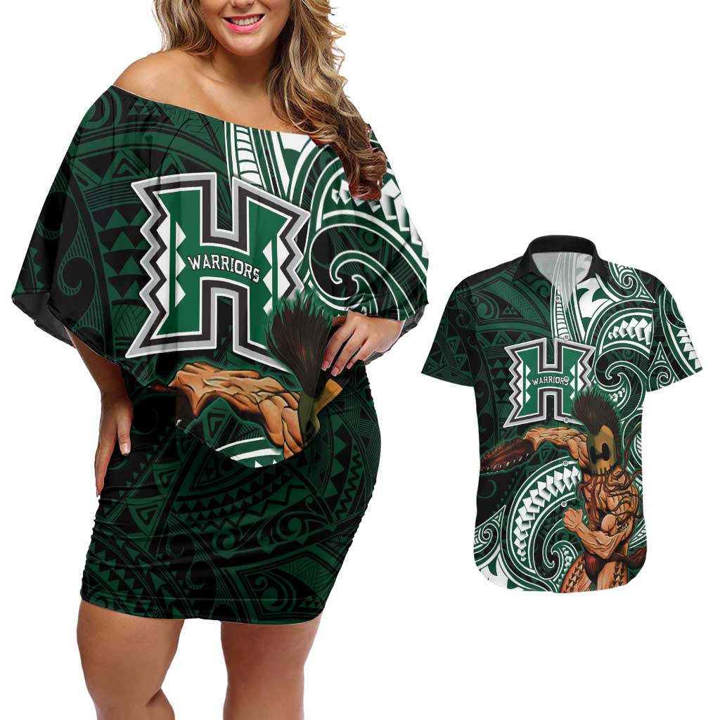 Hawaii Ikaika Warrior Football Couples Matching Off Shoulder Short Dress and Hawaiian Shirt Polynesian Tribal Tattoo LT05 Black - Polynesian Pride