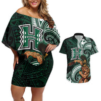 Hawaii Ikaika Warrior Football Couples Matching Off Shoulder Short Dress and Hawaiian Shirt Polynesian Tribal Tattoo LT05 Black - Polynesian Pride