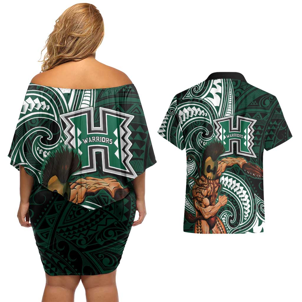 Hawaii Ikaika Warrior Football Couples Matching Off Shoulder Short Dress and Hawaiian Shirt Polynesian Tribal Tattoo LT05 - Polynesian Pride