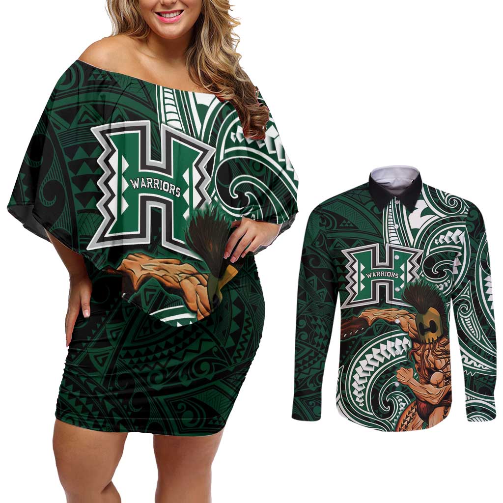 Hawaii Ikaika Warrior Football Couples Matching Off Shoulder Short Dress and Long Sleeve Button Shirt Polynesian Tribal Tattoo LT05 Black - Polynesian Pride