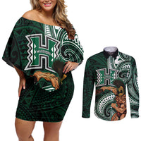 Hawaii Ikaika Warrior Football Couples Matching Off Shoulder Short Dress and Long Sleeve Button Shirt Polynesian Tribal Tattoo LT05 Black - Polynesian Pride