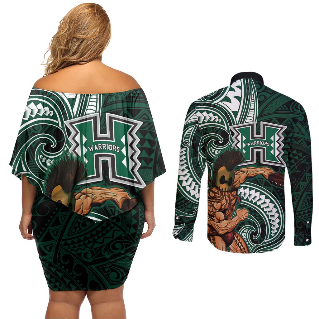 Hawaii Ikaika Warrior Football Couples Matching Off Shoulder Short Dress and Long Sleeve Button Shirt Polynesian Tribal Tattoo LT05 - Polynesian Pride