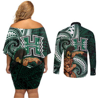 Hawaii Ikaika Warrior Football Couples Matching Off Shoulder Short Dress and Long Sleeve Button Shirt Polynesian Tribal Tattoo LT05 - Polynesian Pride