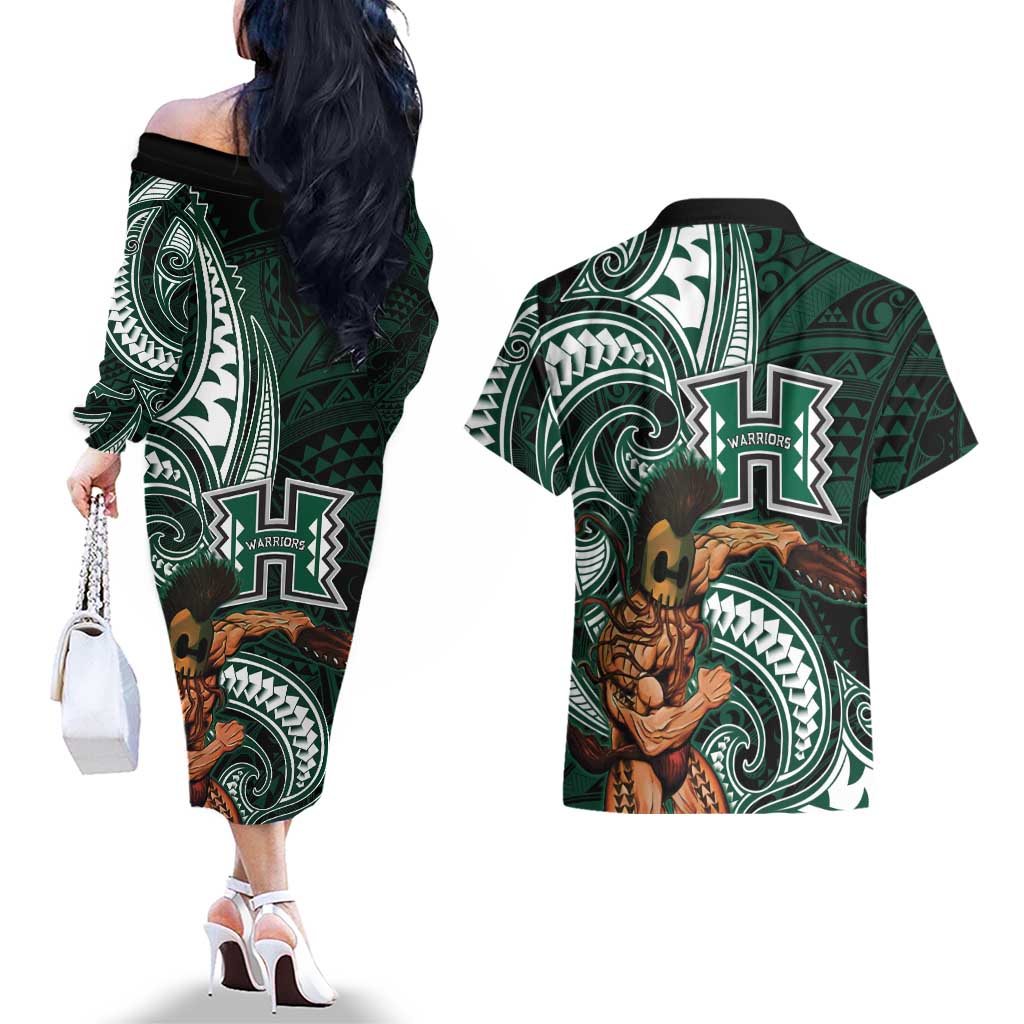 Hawaii Ikaika Warrior Football Couples Matching Off The Shoulder Long Sleeve Dress and Hawaiian Shirt Polynesian Tribal Tattoo LT05 - Polynesian Pride