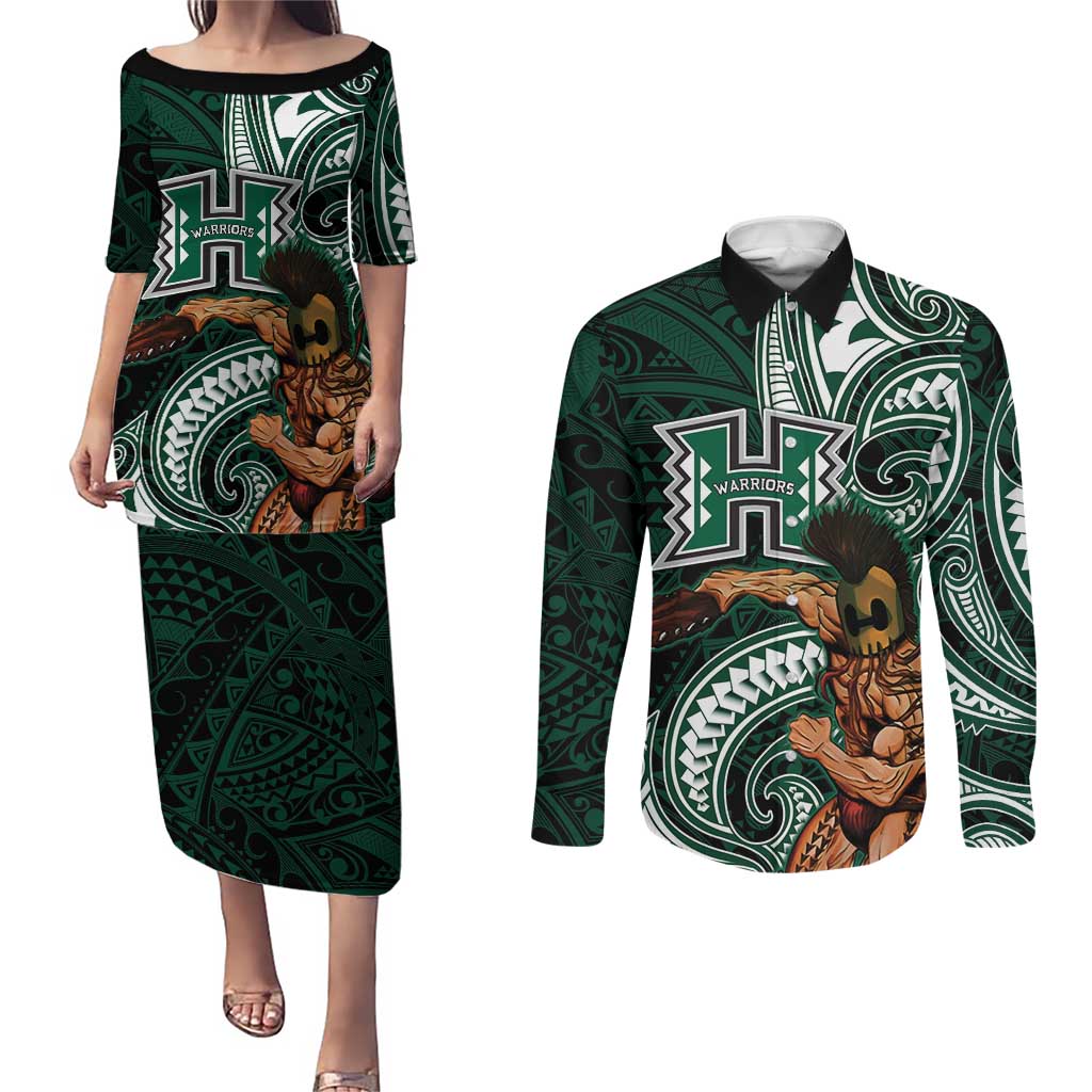 Hawaii Ikaika Warrior Football Couples Matching Puletasi and Long Sleeve Button Shirt Polynesian Tribal Tattoo - Polynesian Pride