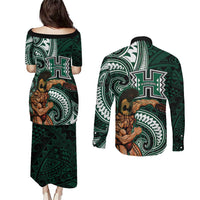 Hawaii Ikaika Warrior Football Couples Matching Puletasi and Long Sleeve Button Shirt Polynesian Tribal Tattoo LT05 - Polynesian Pride