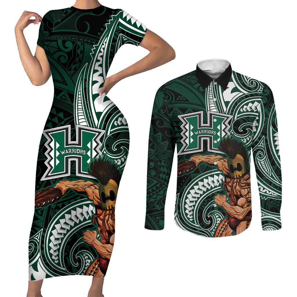 Hawaii Ikaika Warrior Football Couples Matching Short Sleeve Bodycon Dress and Long Sleeve Button Shirt Polynesian Tribal Tattoo - Polynesian Pride