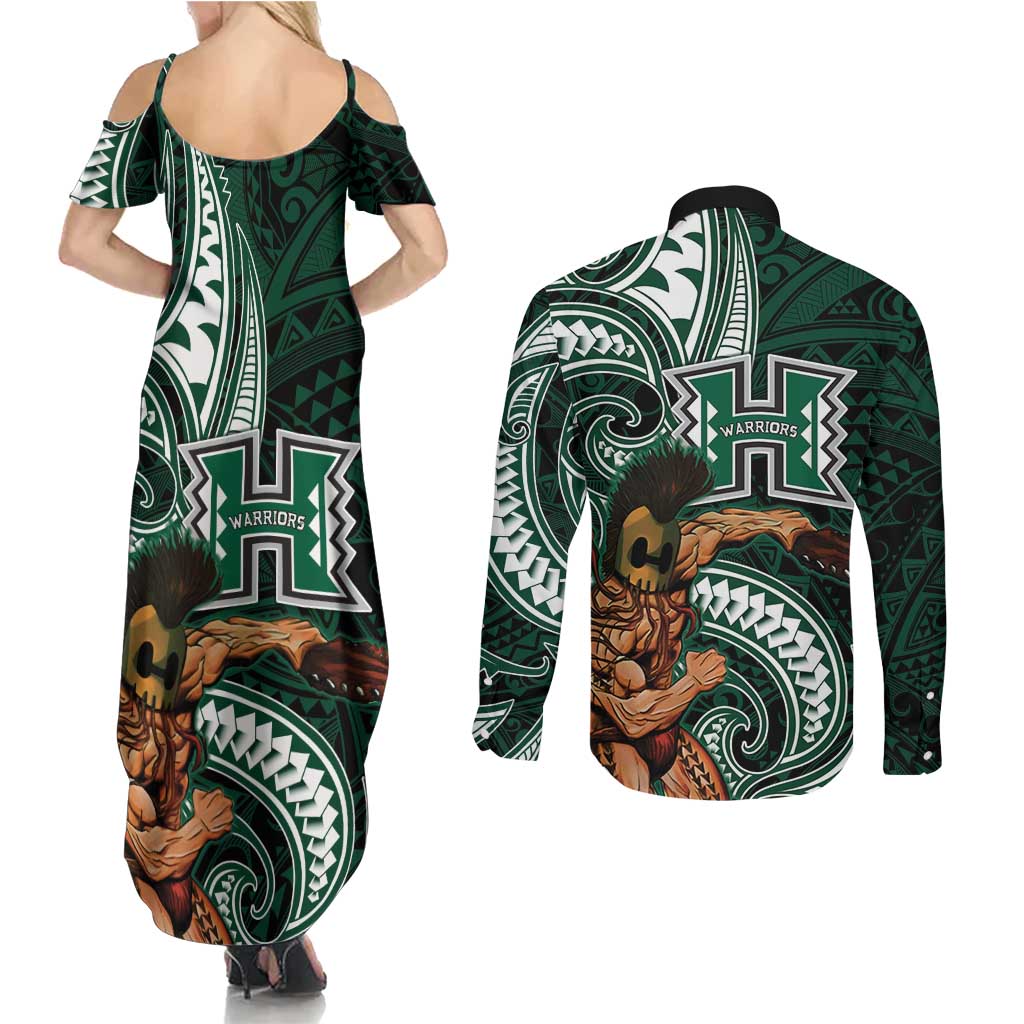 Hawaii Ikaika Warrior Football Couples Matching Summer Maxi Dress and Long Sleeve Button Shirt Polynesian Tribal Tattoo LT05 - Polynesian Pride