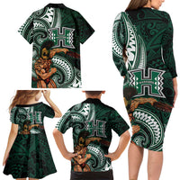 Hawaii Ikaika Warrior Football Family Matching Long Sleeve Bodycon Dress and Hawaiian Shirt Polynesian Tribal Tattoo LT05 - Polynesian Pride