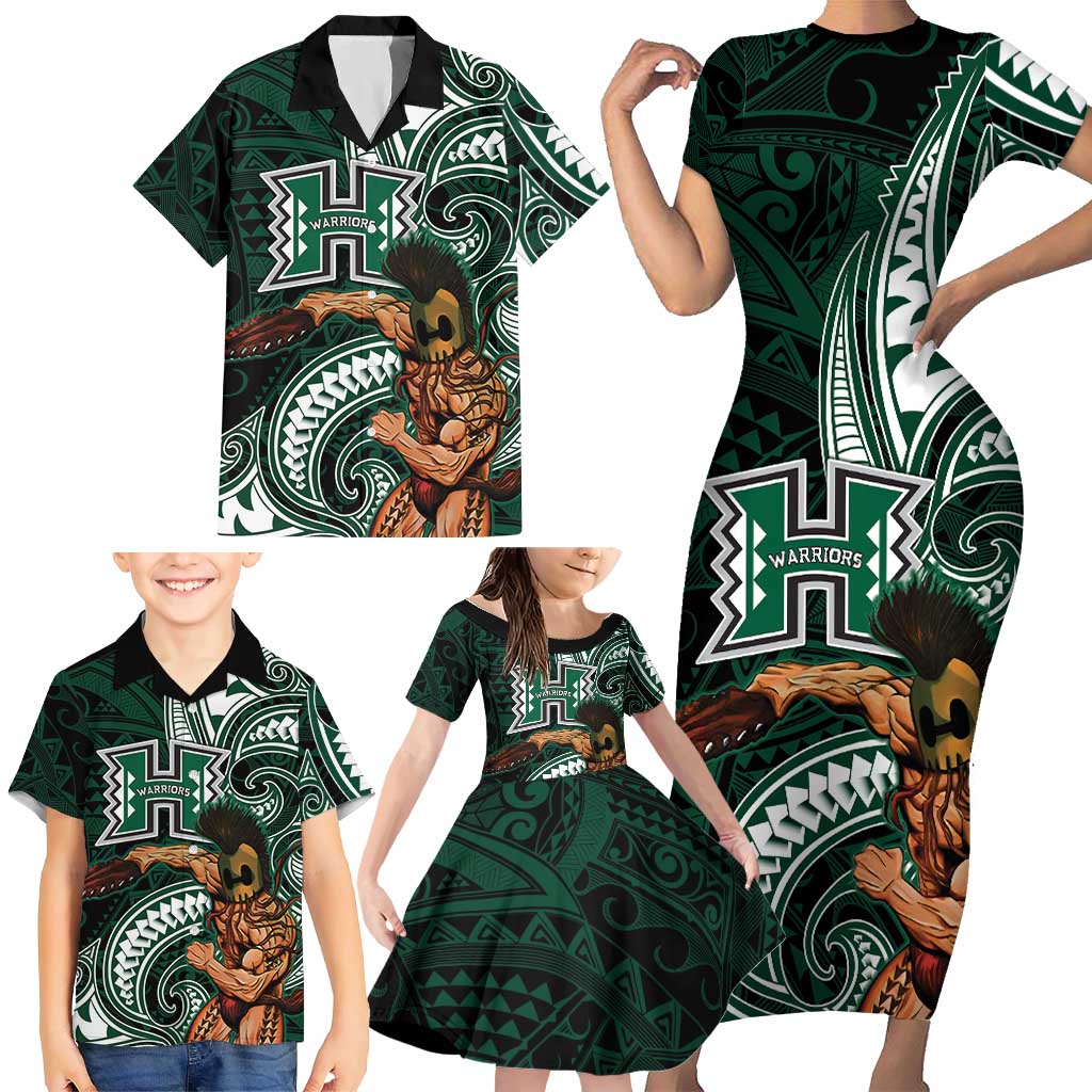Hawaii Ikaika Warrior Football Family Matching Short Sleeve Bodycon Dress and Hawaiian Shirt Polynesian Tribal Tattoo - Polynesian Pride