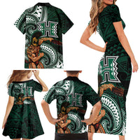 Hawaii Ikaika Warrior Football Family Matching Short Sleeve Bodycon Dress and Hawaiian Shirt Polynesian Tribal Tattoo LT05 - Polynesian Pride