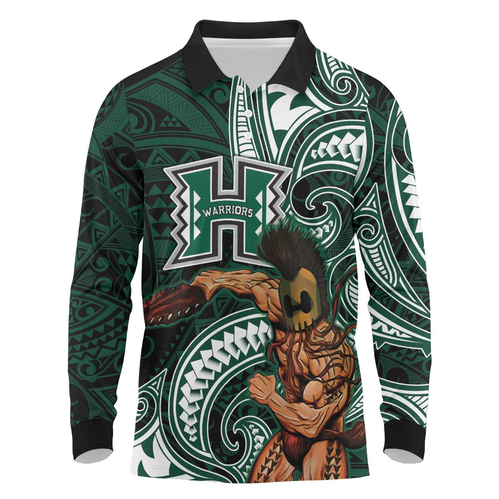 Hawaii Ikaika Warrior Football Long Sleeve Polo Shirt Polynesian Tribal Tattoo LT05 Black - Polynesian Pride