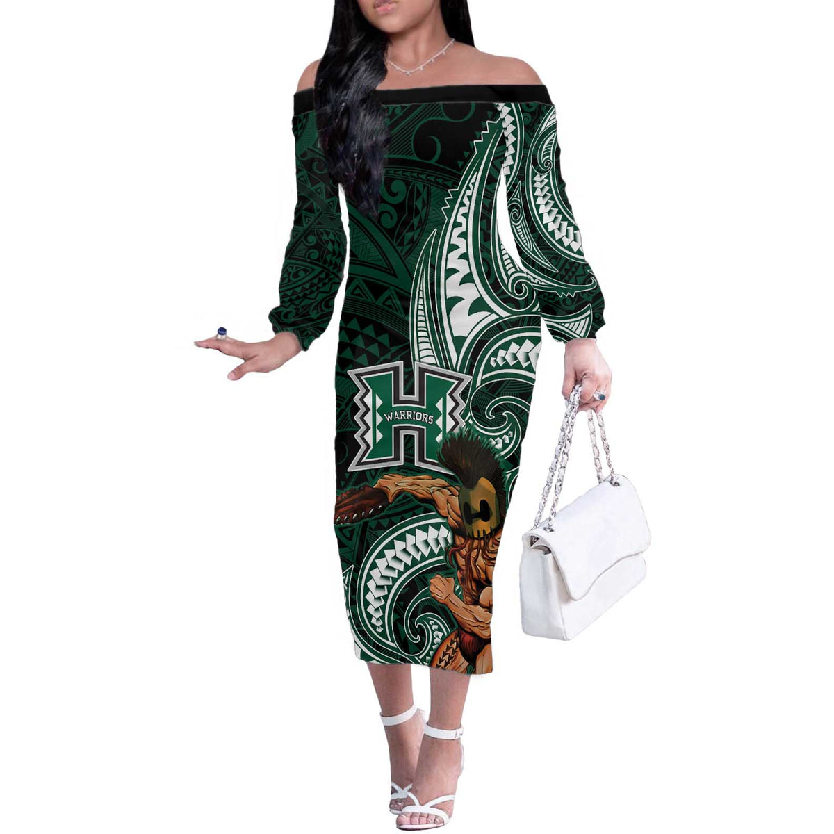 Hawaii Ikaika Warrior Football Off The Shoulder Long Sleeve Dress Polynesian Tribal Tattoo LT05 Women Black - Polynesian Pride