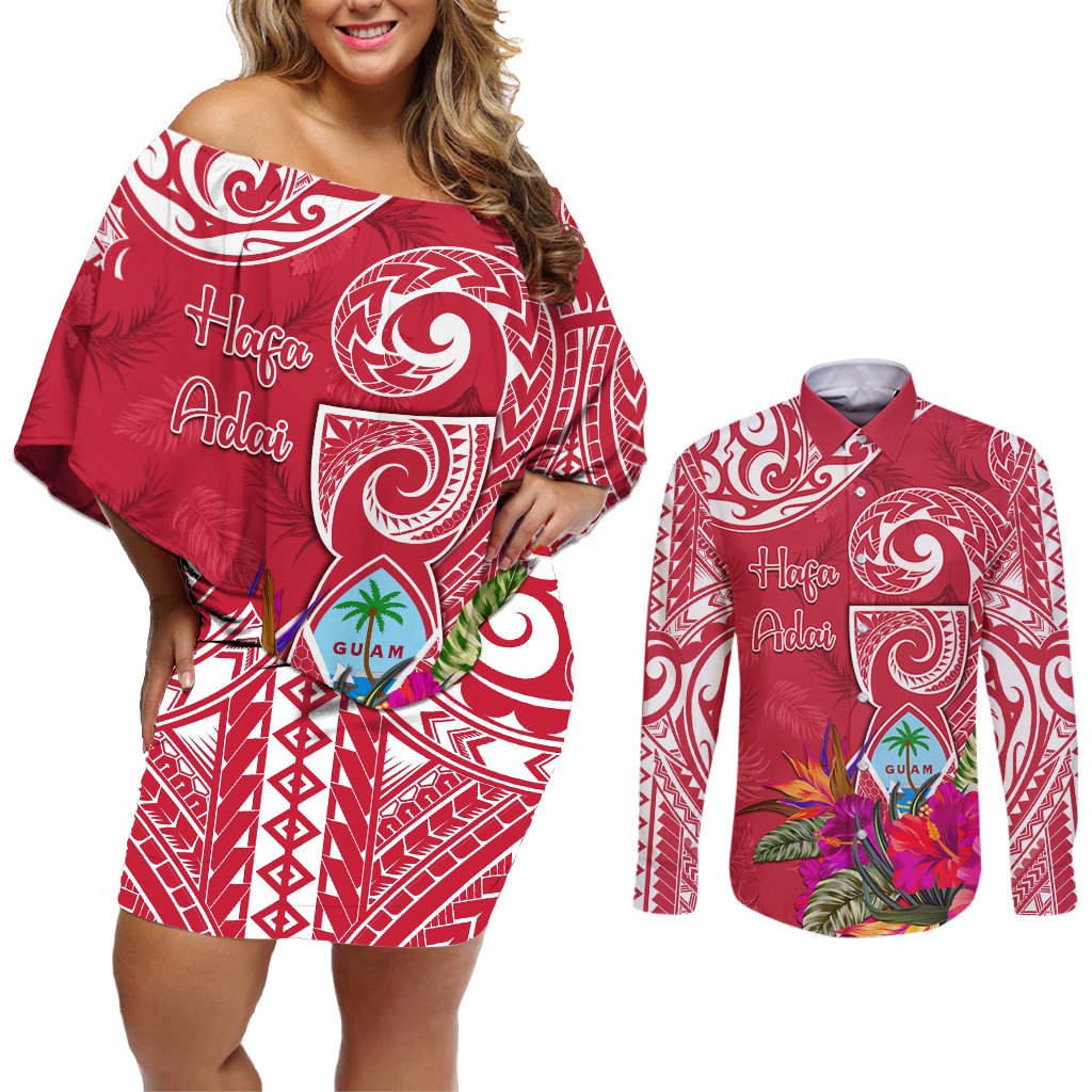 Personalised Hafa Adai Guam History and Chamorro Heritage Day Couples Matching Off Shoulder Short Dress and Long Sleeve Button Shirt Red Latte Stone LT05 Red - Polynesian Pride