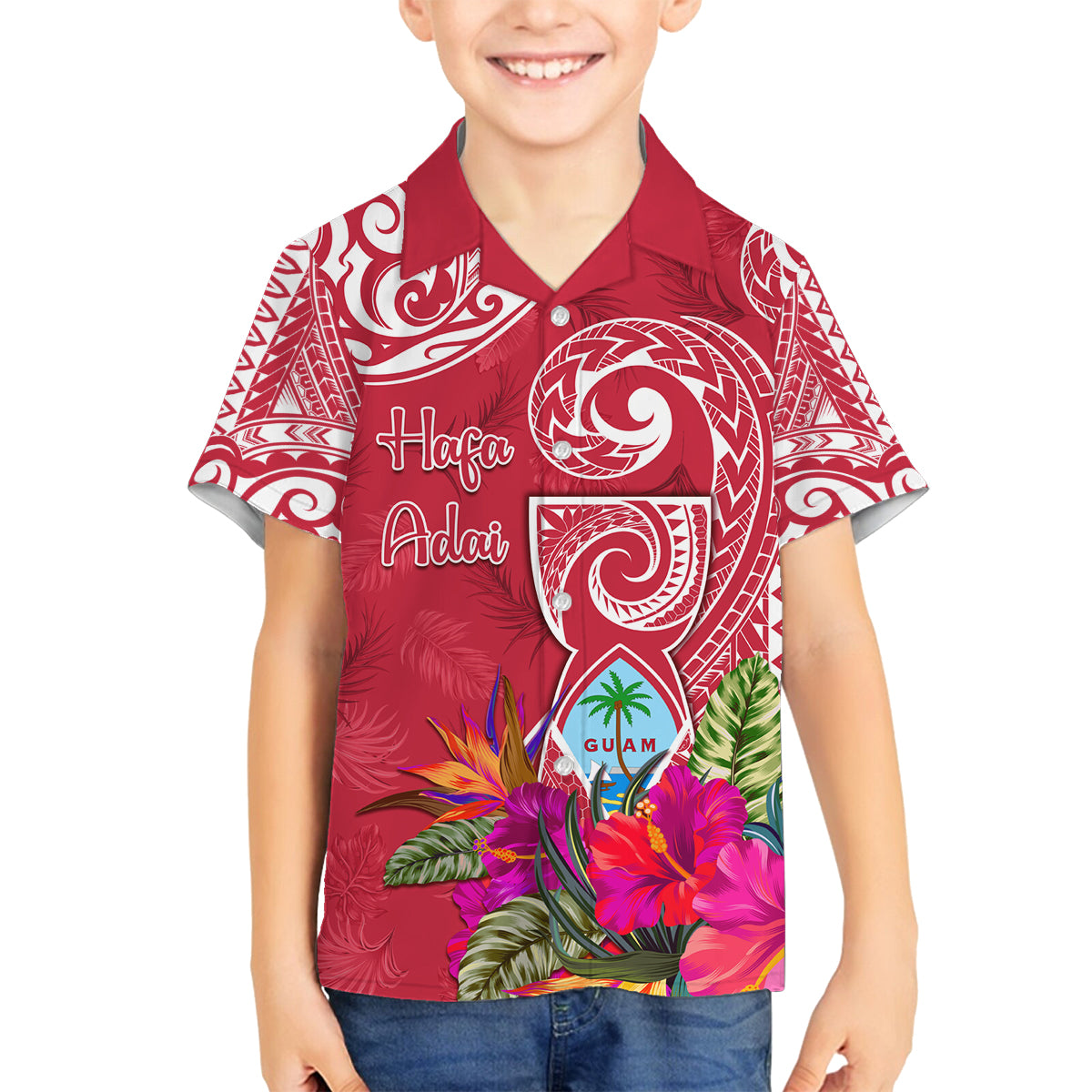 Personalised Hafa Adai Guam History and Chamorro Heritage Day Family Matching Puletasi Dress and Hawaiian Shirt Red Latte Stone LT05 Son's Shirt Red - Polynesian Pride