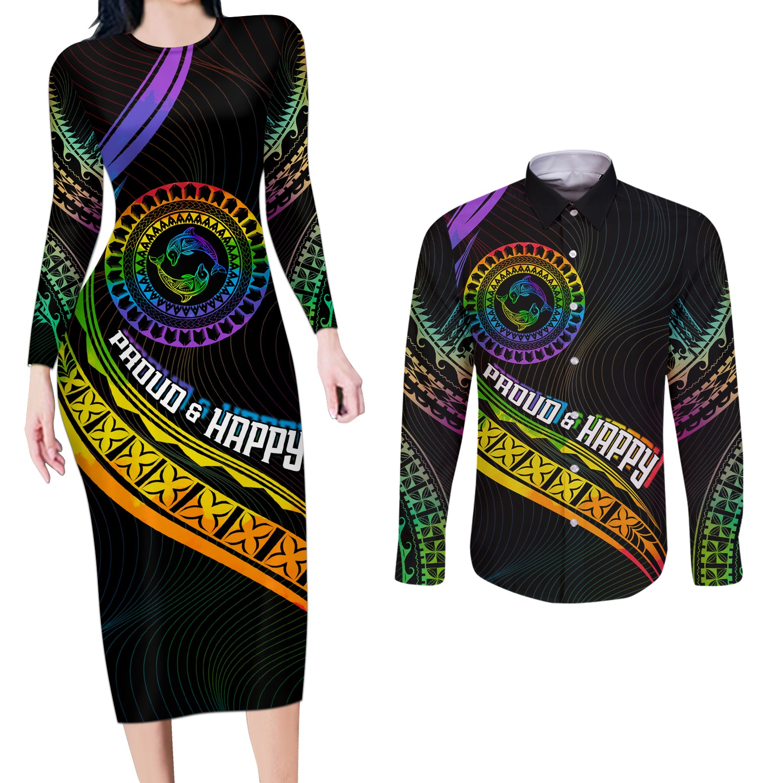 Personalised LGBT History Month Couples Matching Long Sleeve Bodycon Dress and Long Sleeve Button Shirt Proud And Happy Polynesian Dolphin LT05 Black - Polynesian Pride