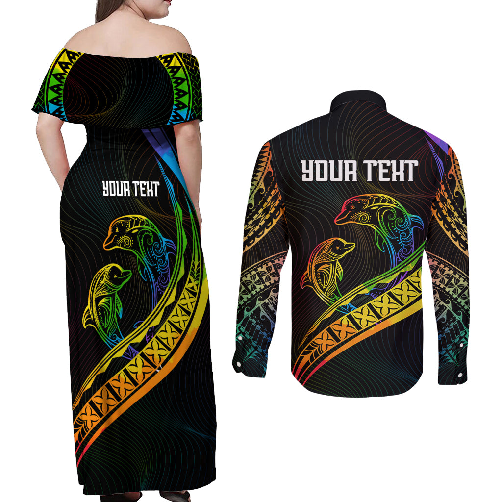 Personalised LGBT History Month Couples Matching Off Shoulder Maxi Dress and Long Sleeve Button Shirt Proud And Happy Polynesian Dolphin LT05 - Polynesian Pride