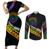 Personalised LGBT History Month Couples Matching Short Sleeve Bodycon Dress and Long Sleeve Button Shirt Proud And Happy Polynesian Dolphin LT05 Black - Polynesian Pride