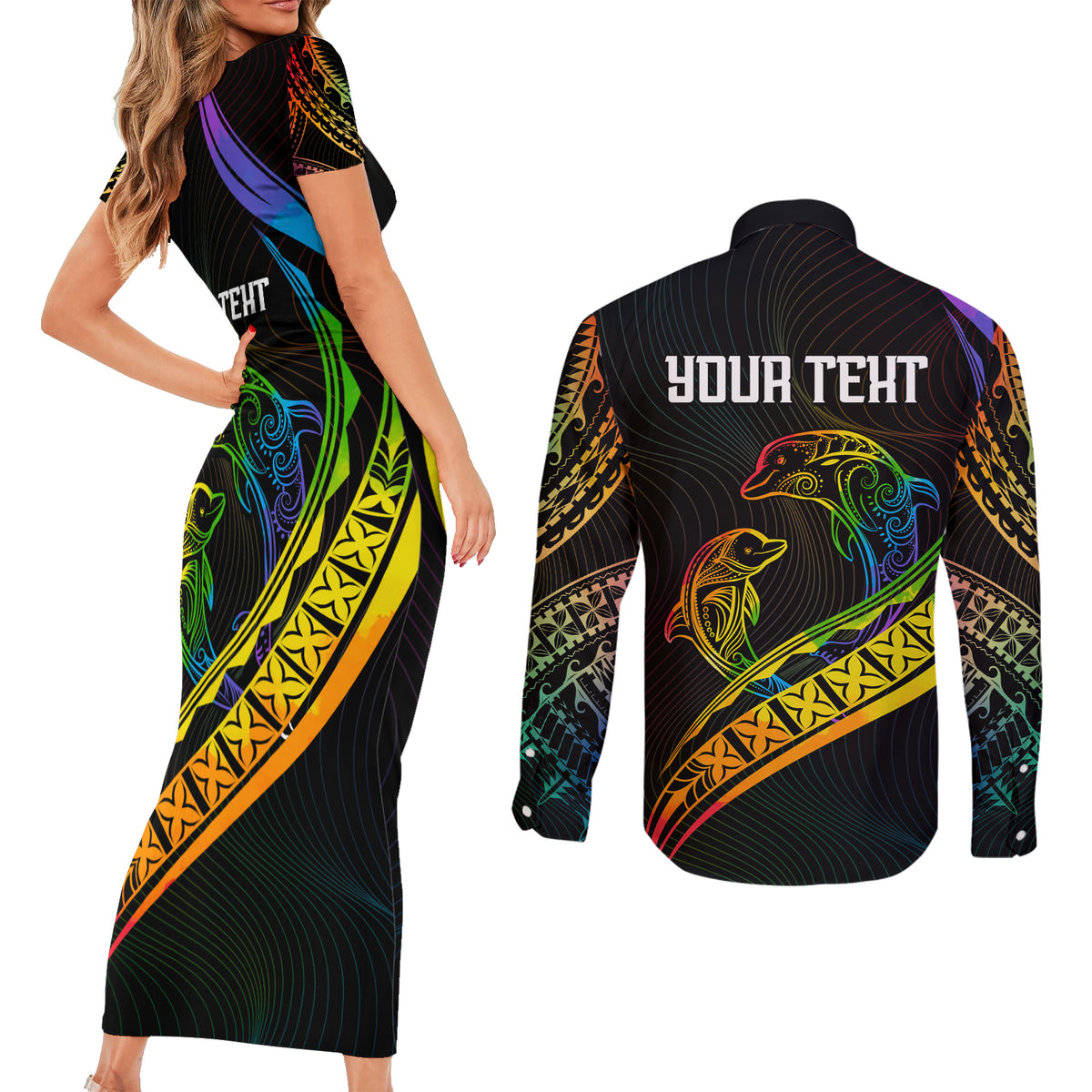Personalised LGBT History Month Couples Matching Short Sleeve Bodycon Dress and Long Sleeve Button Shirt Proud And Happy Polynesian Dolphin LT05 - Polynesian Pride