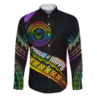 Personalised LGBT History Month Family Matching Off Shoulder Long Sleeve Dress and Hawaiian Shirt Proud And Happy Polynesian Dolphin LT05 Dad's Shirt - Long Sleeve Black - Polynesian Pride