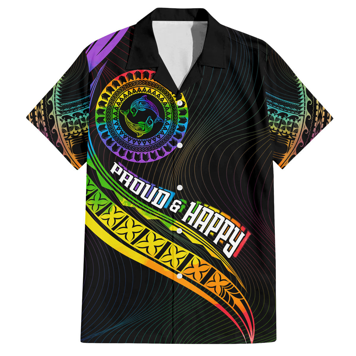 Personalised LGBT History Month Family Matching Tank Maxi Dress and Hawaiian Shirt Proud And Happy Polynesian Dolphin LT05 Dad's Shirt - Short Sleeve Black - Polynesian Pride