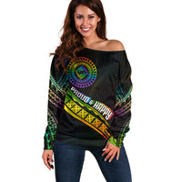 Personalised LGBT History Month Off Shoulder Sweater Proud And Happy Polynesian Dolphin LT05 Women Black - Polynesian Pride