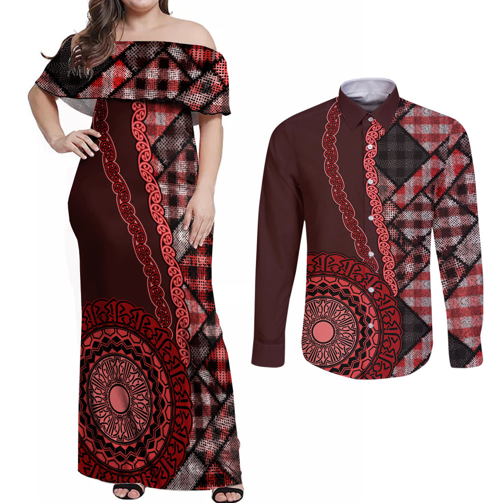 New Zealand Aotearoa Couples Matching Off Shoulder Maxi Dress and Long Sleeve Button Shirt Maori Harakeke Weaving Pattern Red LT05 Red - Polynesian Pride
