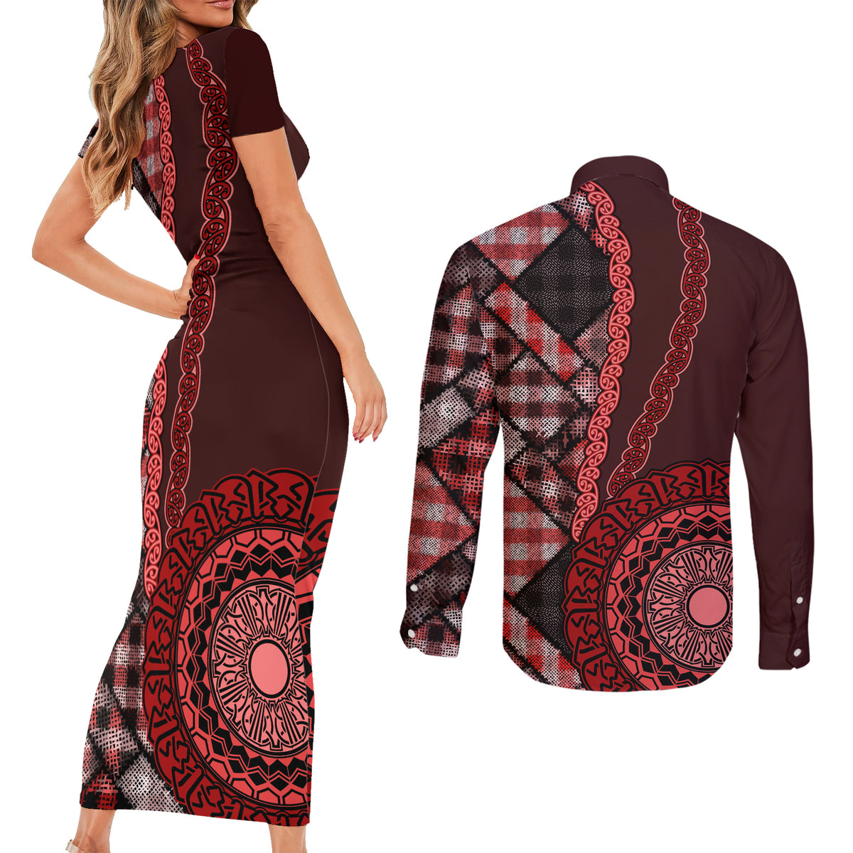 New Zealand Aotearoa Couples Matching Short Sleeve Bodycon Dress and Long Sleeve Button Shirt Maori Harakeke Weaving Pattern Red LT05 - Polynesian Pride
