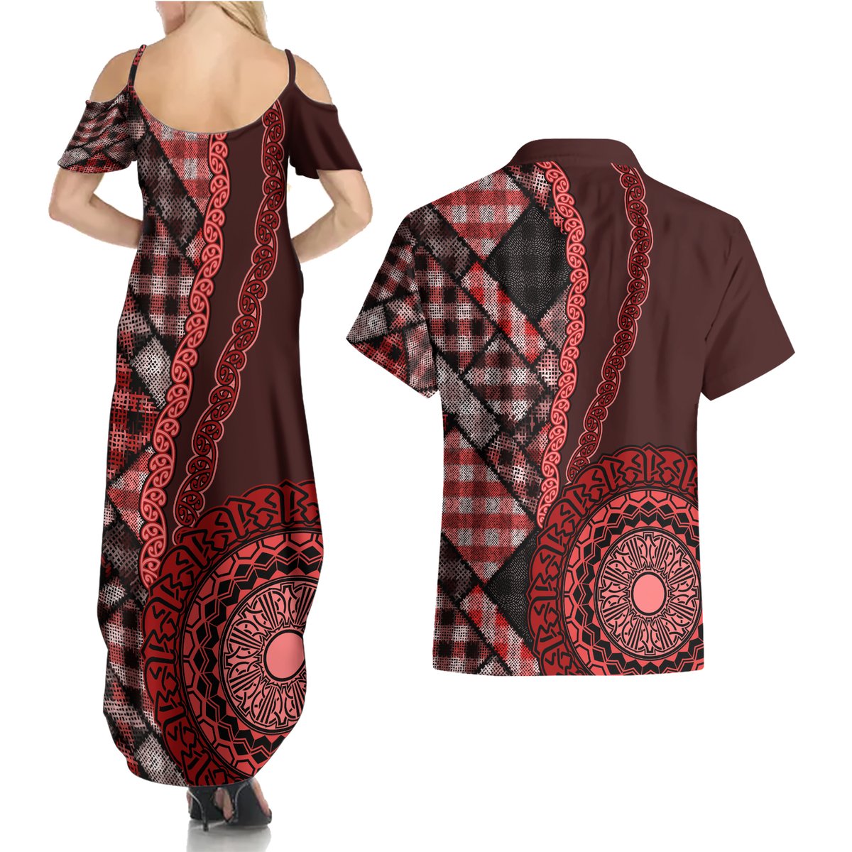New Zealand Aotearoa Couples Matching Summer Maxi Dress and Hawaiian Shirt Maori Harakeke Weaving Pattern Red LT05 - Polynesian Pride