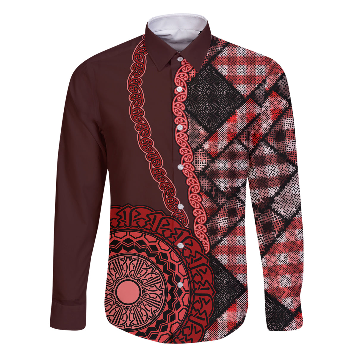 New Zealand Aotearoa Family Matching Mermaid Dress and Hawaiian Shirt Maori Harakeke Weaving Pattern Red LT05 Dad's Shirt - Long Sleeve Red - Polynesian Pride