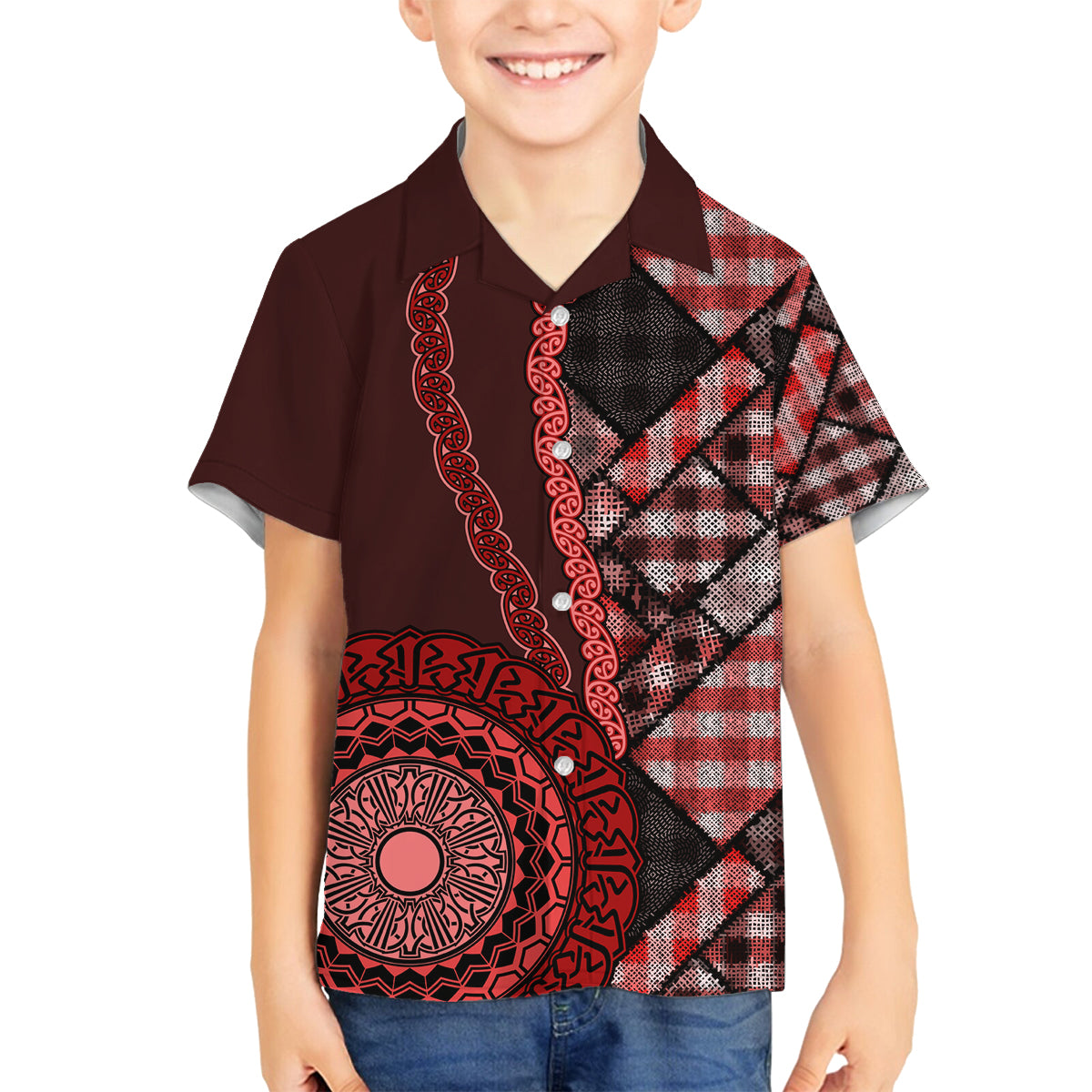 New Zealand Aotearoa Family Matching Tank Maxi Dress and Hawaiian Shirt Maori Harakeke Weaving Pattern Red LT05 Son's Shirt Red - Polynesian Pride