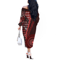 New Zealand Aotearoa Off The Shoulder Long Sleeve Dress Maori Harakeke Weaving Pattern Red LT05 - Polynesian Pride