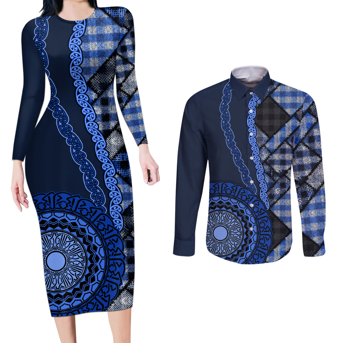 New Zealand Aotearoa Couples Matching Long Sleeve Bodycon Dress and Long Sleeve Button Shirt Maori Harakeke Weaving Pattern Blue LT05 Blue - Polynesian Pride