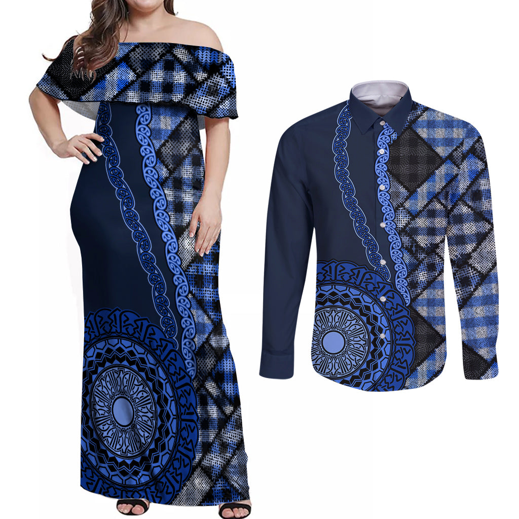 New Zealand Aotearoa Couples Matching Off Shoulder Maxi Dress and Long Sleeve Button Shirt Maori Harakeke Weaving Pattern Blue LT05 Blue - Polynesian Pride
