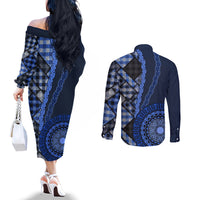 New Zealand Aotearoa Couples Matching Off The Shoulder Long Sleeve Dress and Long Sleeve Button Shirt Maori Harakeke Weaving Pattern Blue LT05 - Polynesian Pride